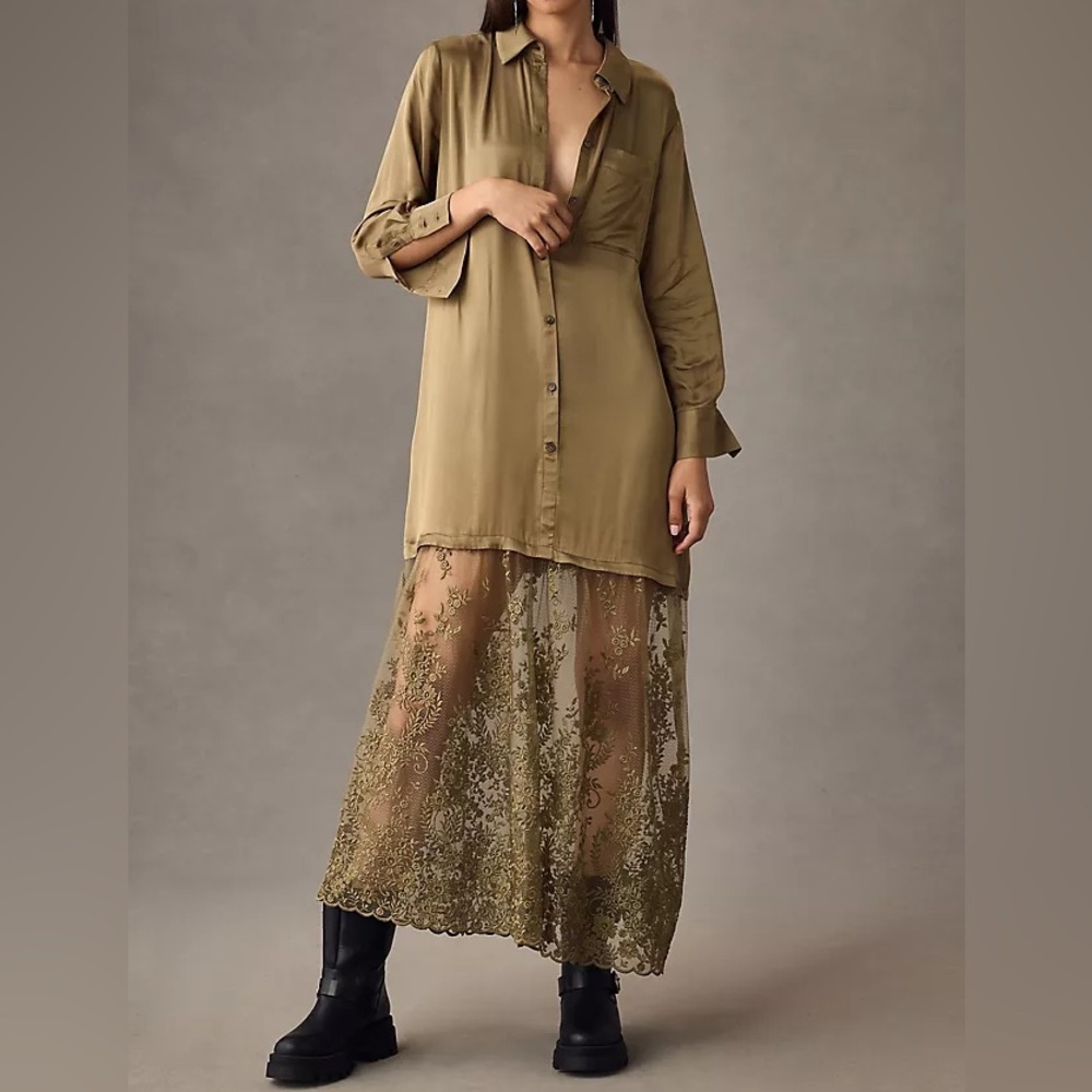 By Anthropologie Lace Mix Twofer Satin Maxi Dress